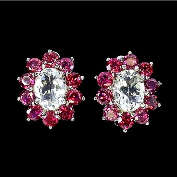 Natural‎ Aquamarine & Rhodolite Garnet 925 Sterling Silver Earrings - Picture 1 of 2